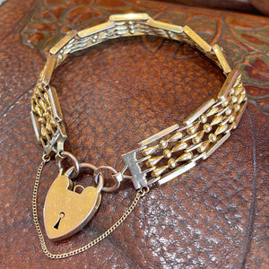 Antique Victorian 9k Gold Gate Bracelet with Heart Lock