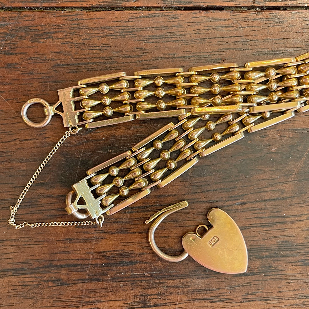 Antique Victorian 9k Gold Gate Bracelet with Heart Lock