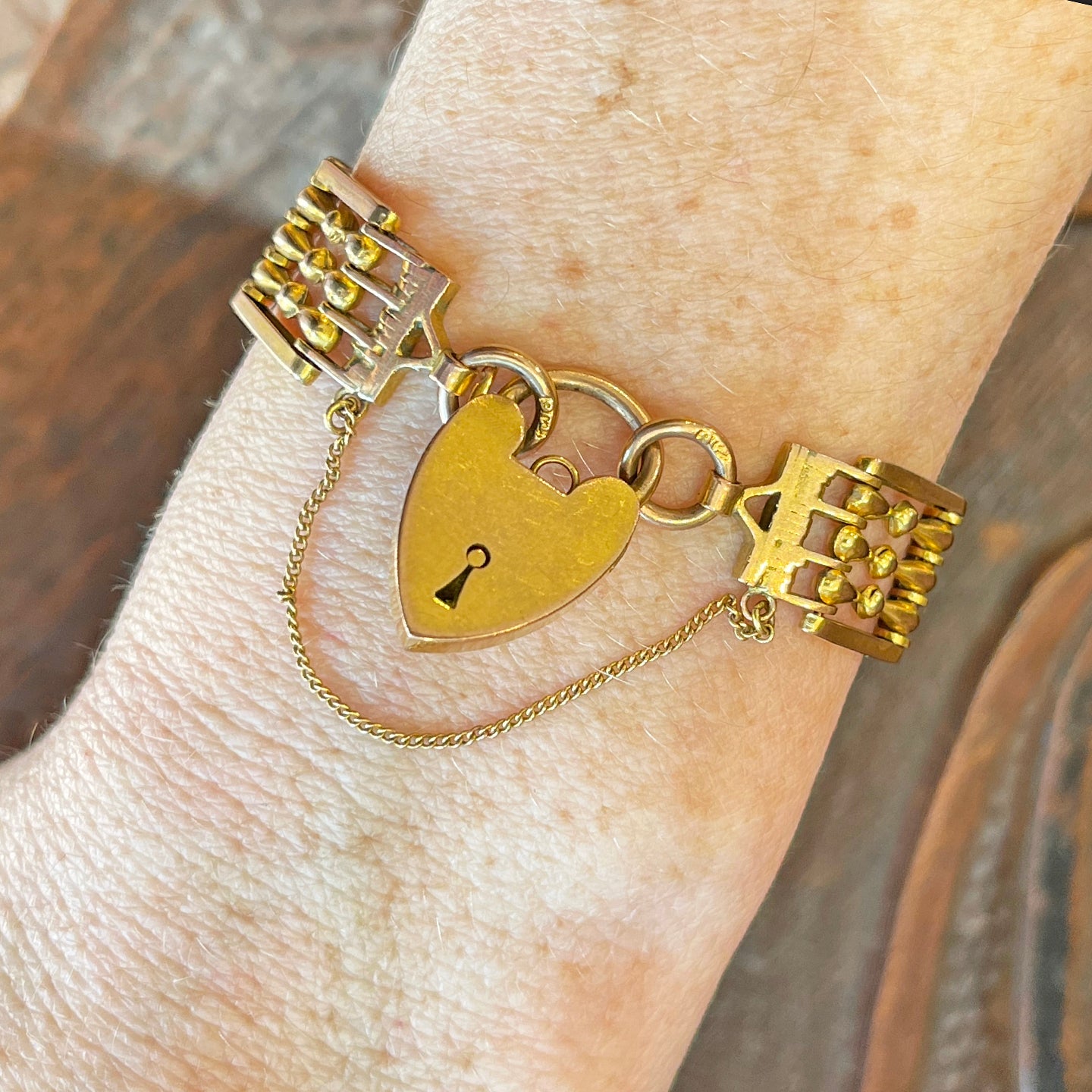 Antique Victorian 9k Gold Gate Bracelet with Heart Lock