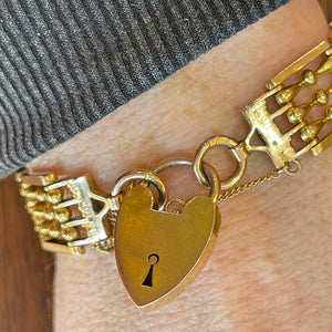 Antique Victorian 9k Gold Gate Bracelet with Heart Lock