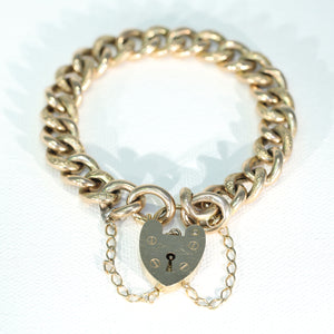 Antique 9k Gold Heart Curb Link Bracelet 7.75"