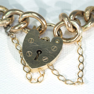 Antique 9k Gold Heart Curb Link Bracelet 7.75"