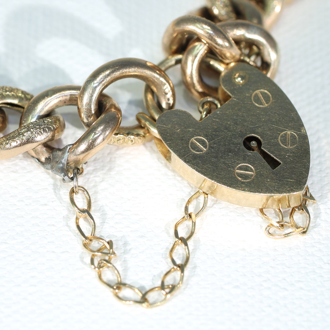 Antique 9k Gold Heart Curb Link Bracelet 7.75"