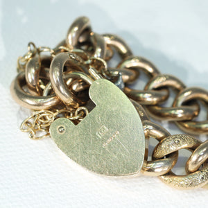 Antique 9k Gold Heart Curb Link Bracelet 7.75"