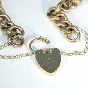 Antique 9k Gold Heart Curb Link Bracelet 7.75"