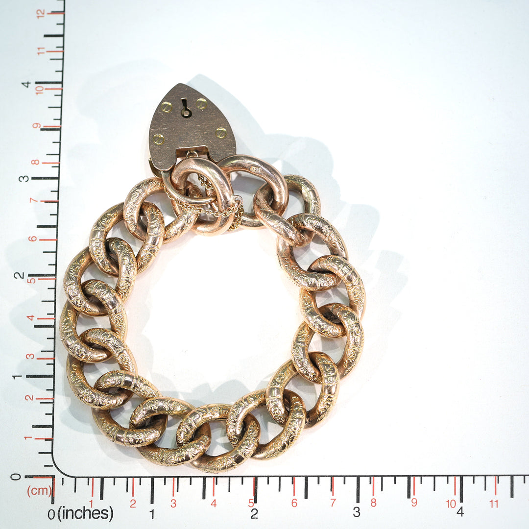 Victorian 9k Gold Curb Link Bracelet Heart Lock Large Chunky Links