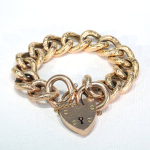 Victorian 9k Gold Curb Link Bracelet Heart Lock Large Chunky Links