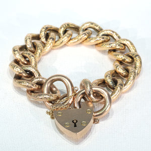 Victorian 9k Gold Curb Link Bracelet Heart Lock Large Chunky Links