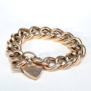 Victorian 9k Gold Curb Link Bracelet Heart Lock Large Chunky Links