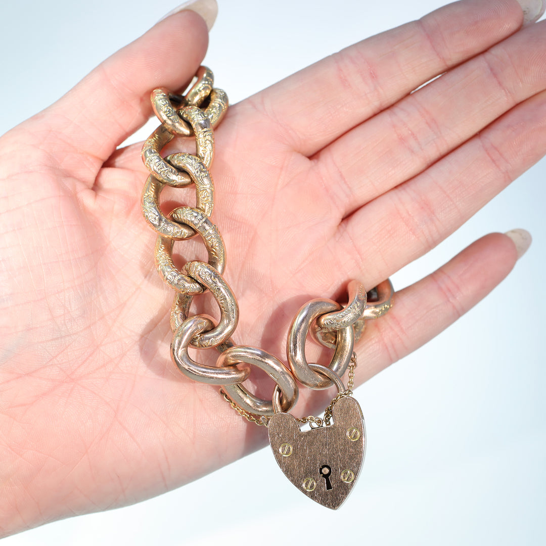 Victorian 9k Gold Curb Link Bracelet Heart Lock Large Chunky Links