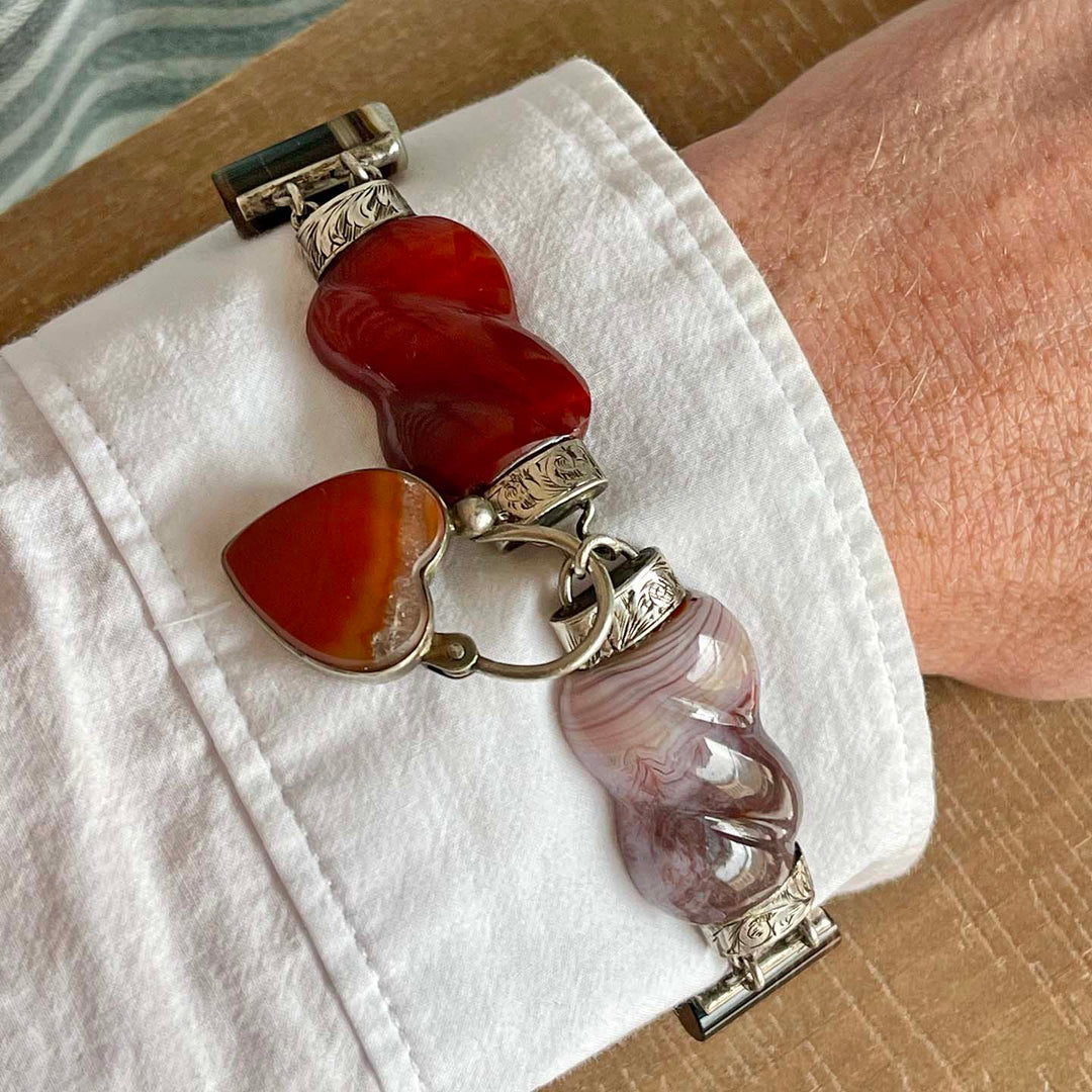 Scottish c.1880 Agate Silver Link Bracelet Heart Lock