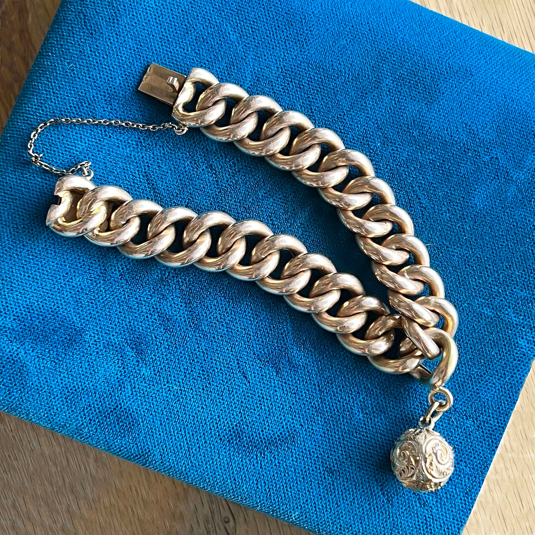 Antique French Gold Curb Link Bracelet with Engraved Ball Charm, c. 1890