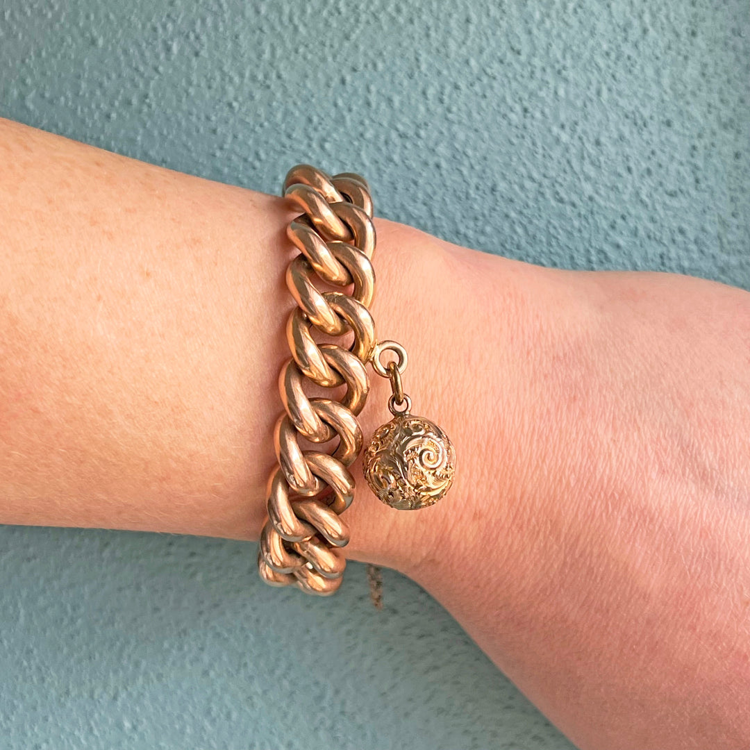 Antique French Gold Curb Link Bracelet with Engraved Ball Charm, c. 1890