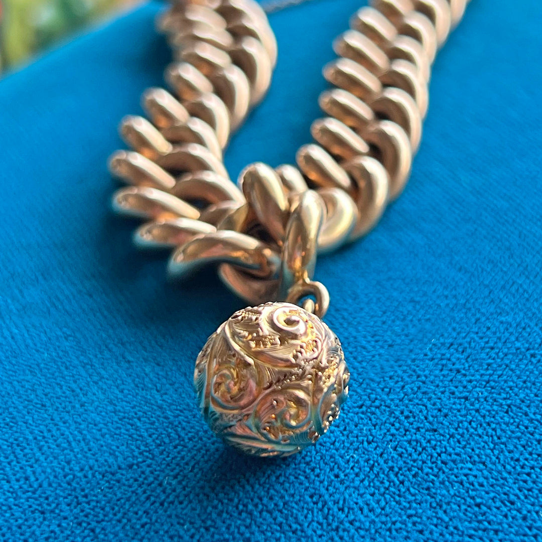 Antique French Gold Curb Link Bracelet with Engraved Ball Charm, c. 1890