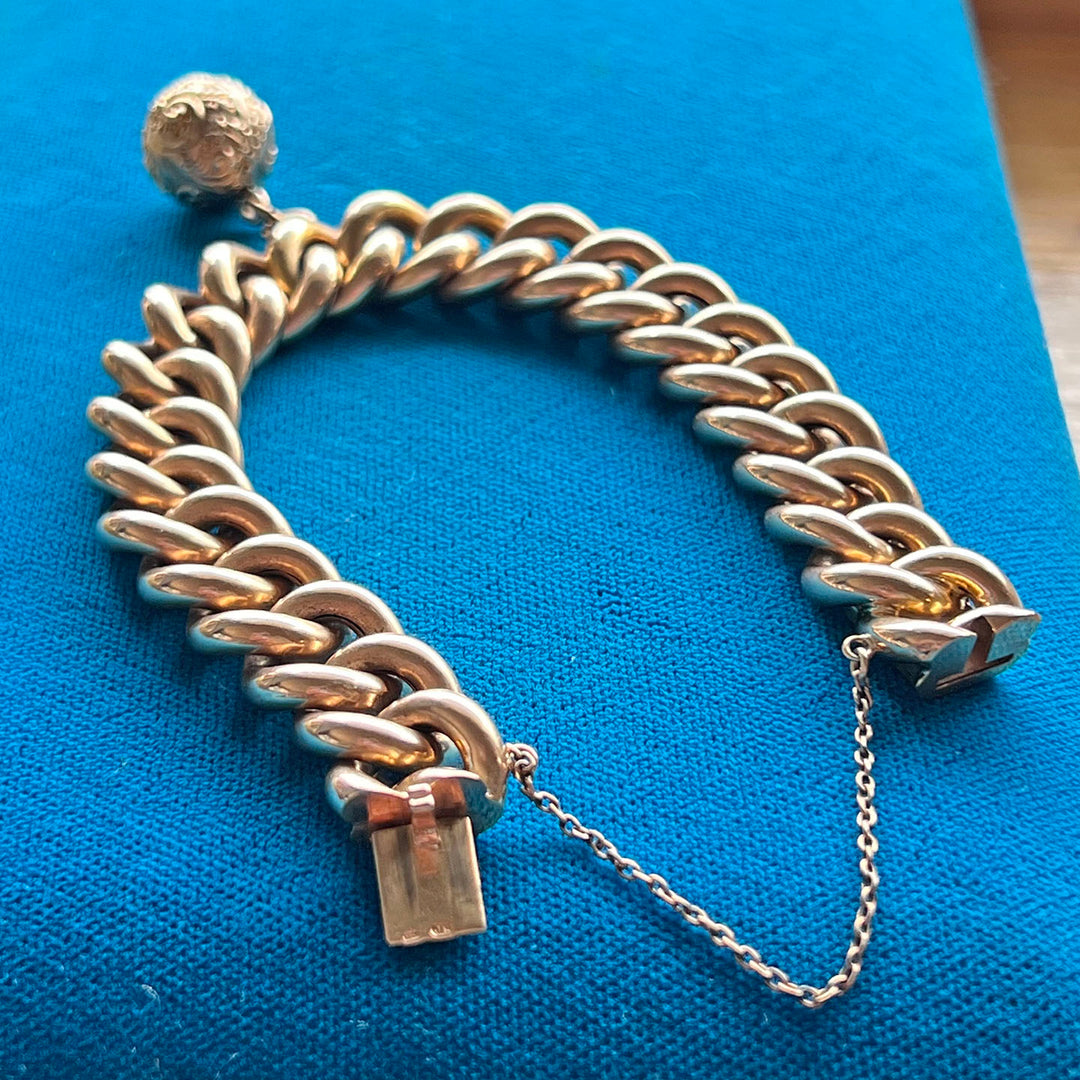 Antique French Gold Curb Link Bracelet with Engraved Ball Charm, c. 1890
