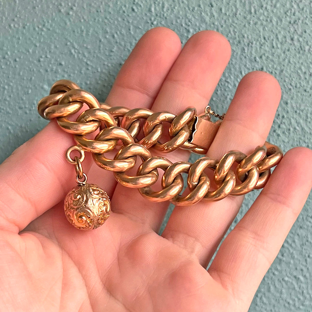 Antique French Gold Curb Link Bracelet with Engraved Ball Charm, c. 1890