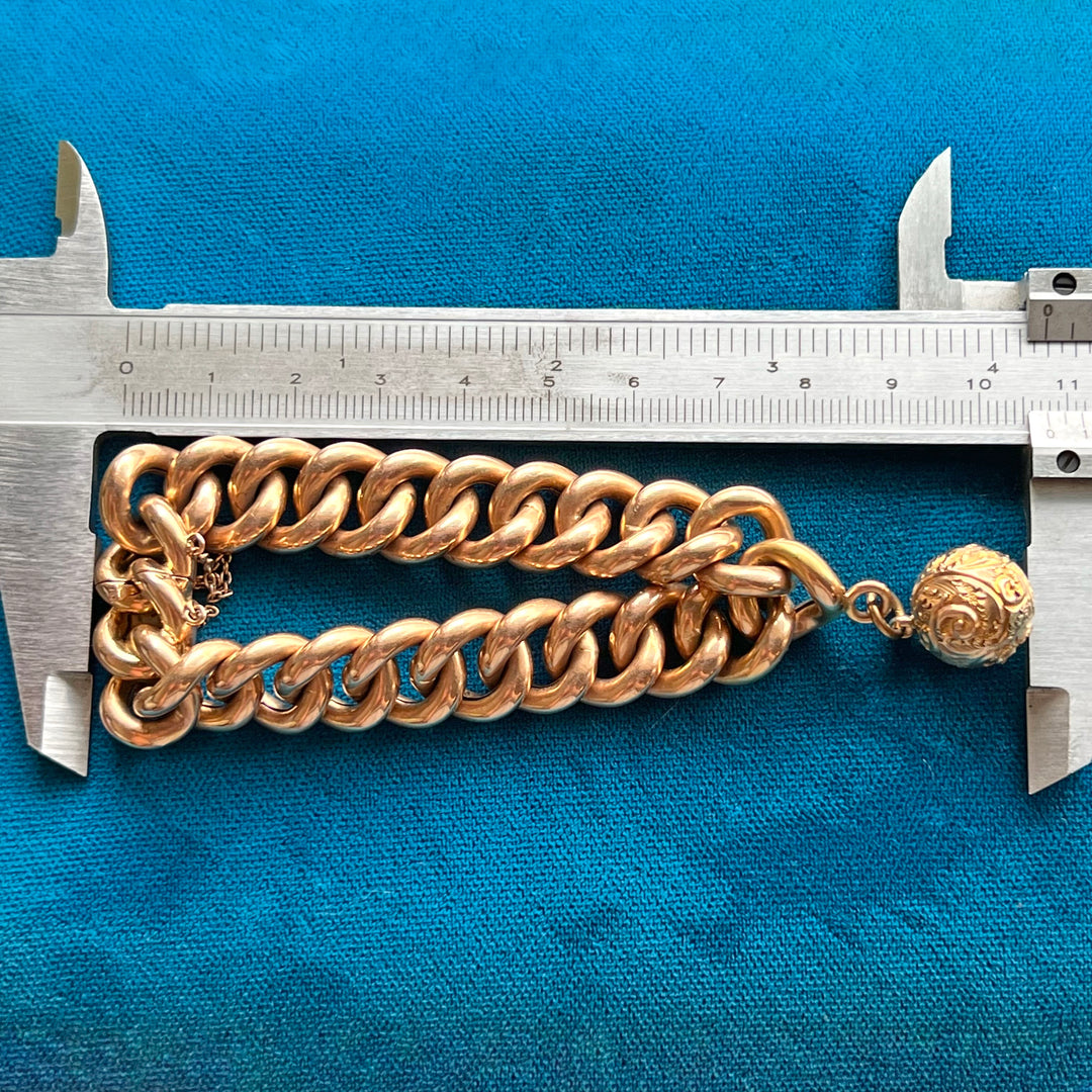 On Hold ~ Antique French Gold Curb Link Bracelet with Engraved Ball Charm, c. 1890