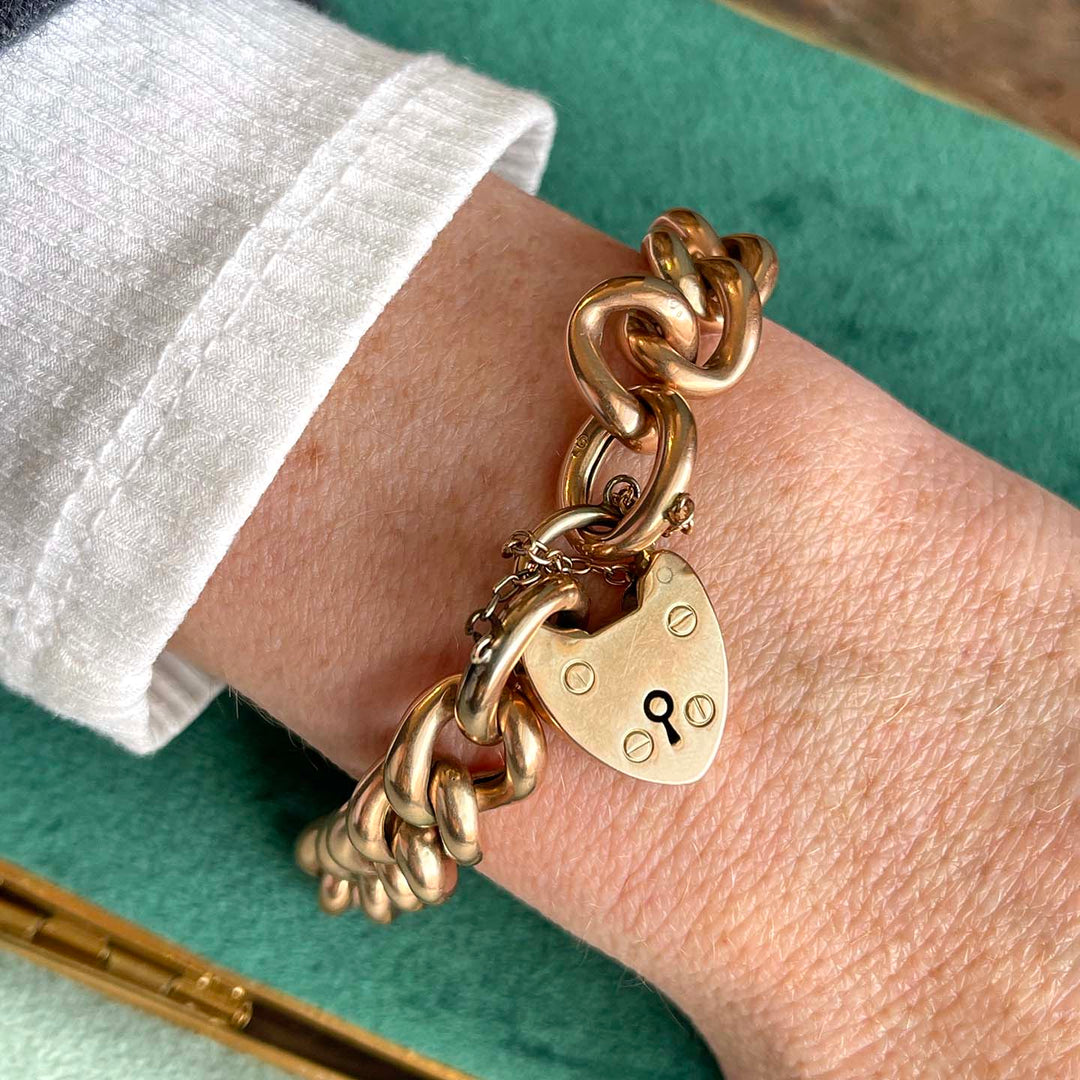 Victorian Gold Curb Link Bracelet with Heart Lock