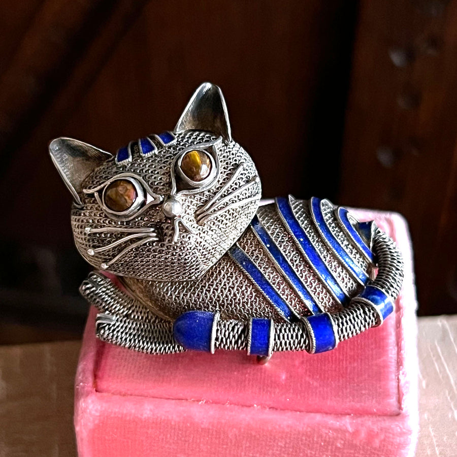 Vintage Silver Enamel and Tiger's Eye Whimsical Cat Brooch