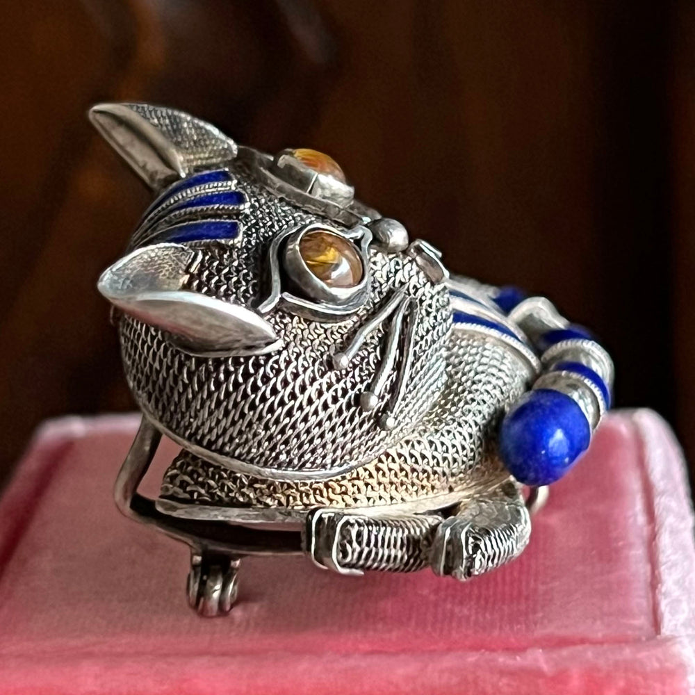 Vintage Silver Enamel and Tiger's Eye Whimsical Cat Brooch