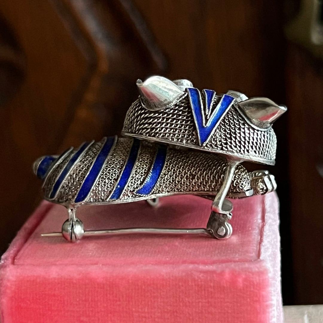 Vintage Silver Enamel and Tiger's Eye Whimsical Cat Brooch