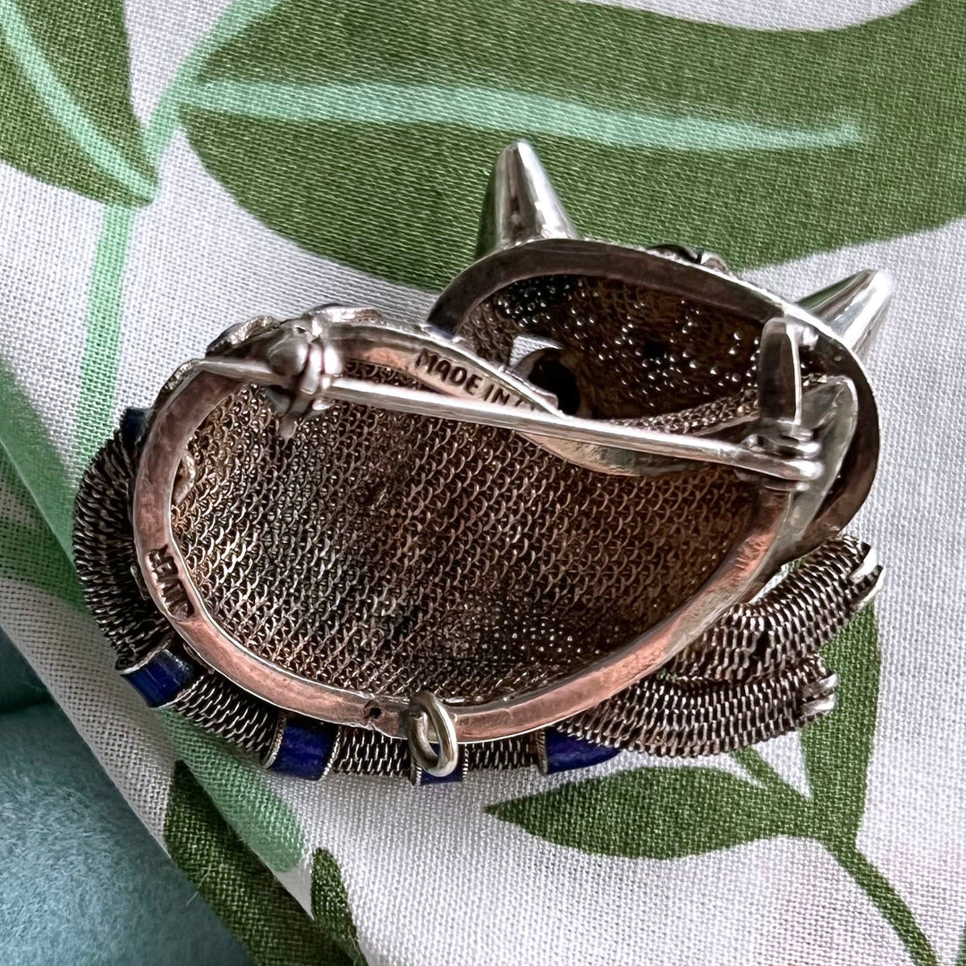 Vintage Silver Enamel and Tiger's Eye Whimsical Cat Brooch