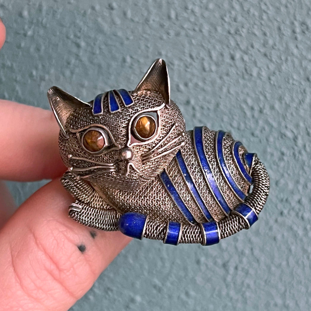Vintage Silver Enamel and Tiger's Eye Whimsical Cat Brooch