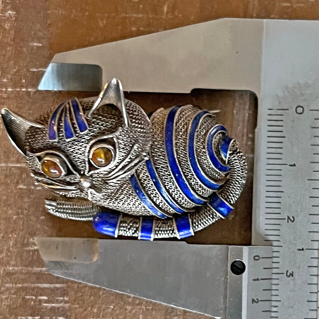 Vintage Silver Enamel and Tiger's Eye Whimsical Cat Brooch