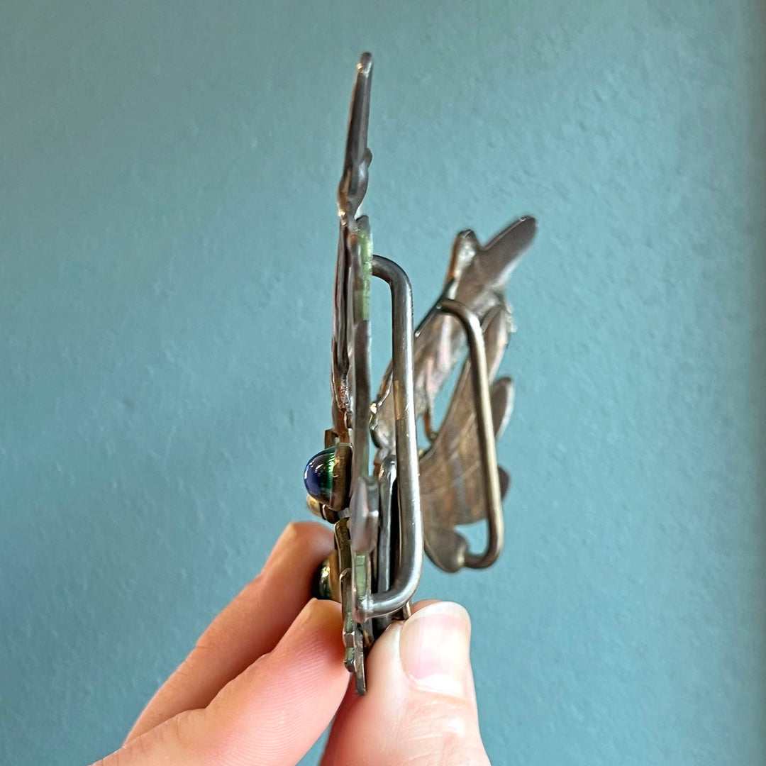 Bronze Art Nouveau French Grasshopper Belt Buckle with Peacock Glass