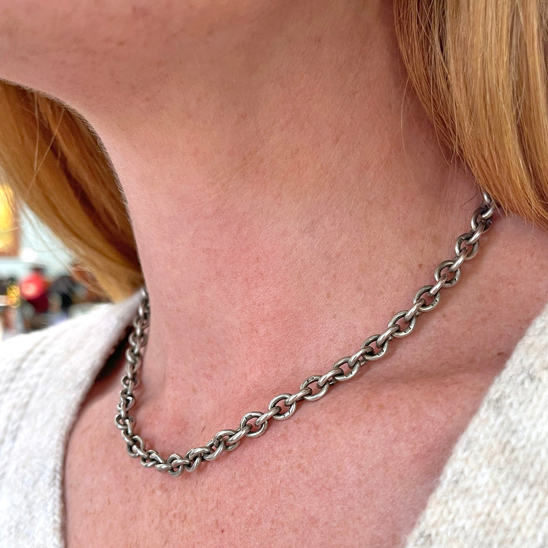 Antique Silver Link Chain Necklace 16 Inches Long