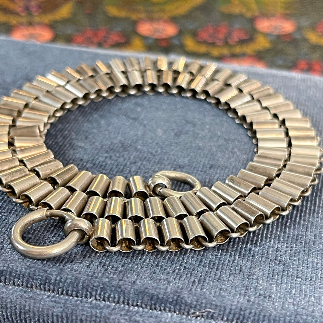 Antique Victorian Silver Barrel Link Collar Necklace 17 Inches