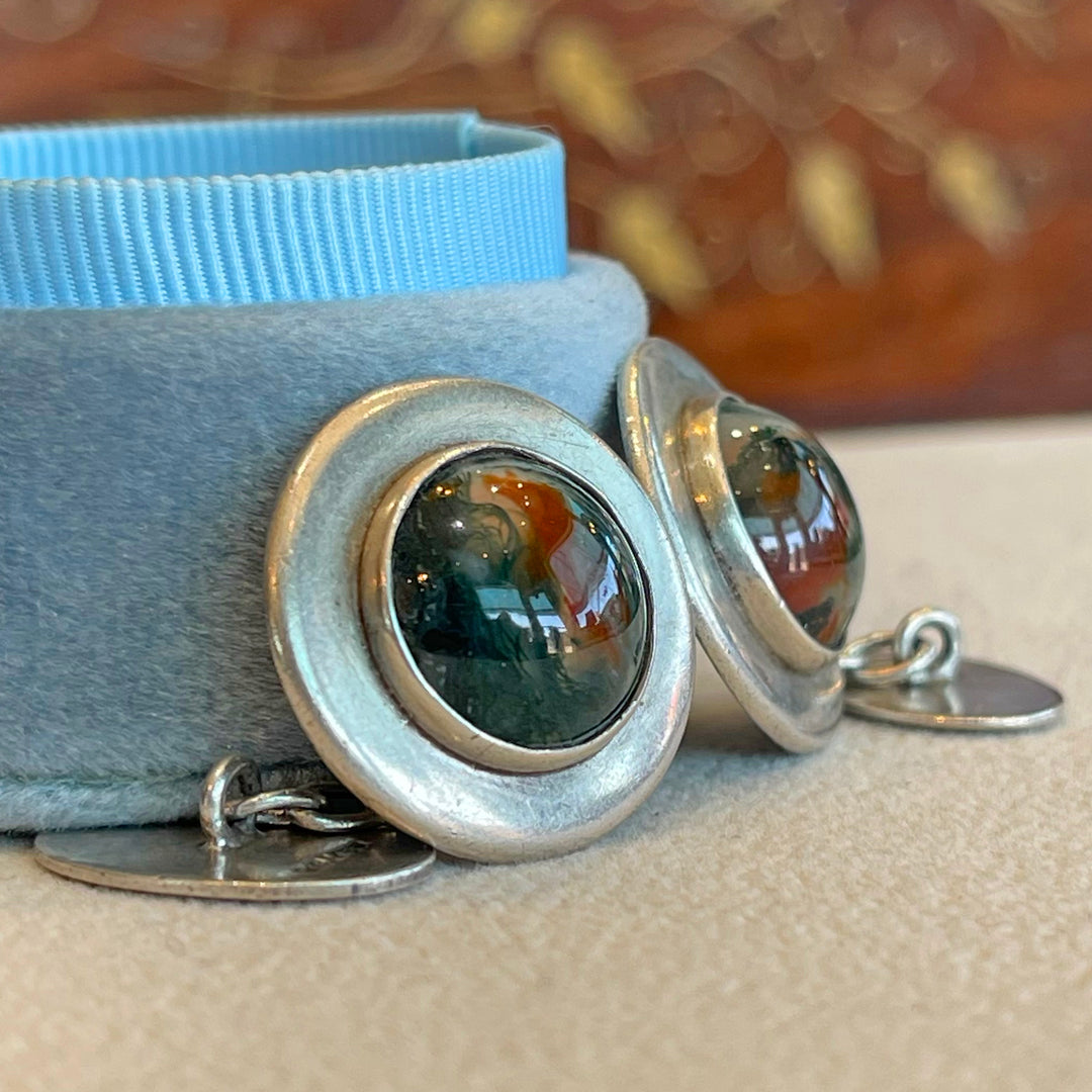 Art Deco Silver Moss Agate Cufflinks