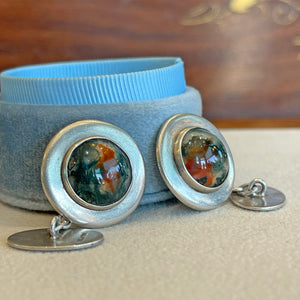 Art Deco Silver Moss Agate Cufflinks