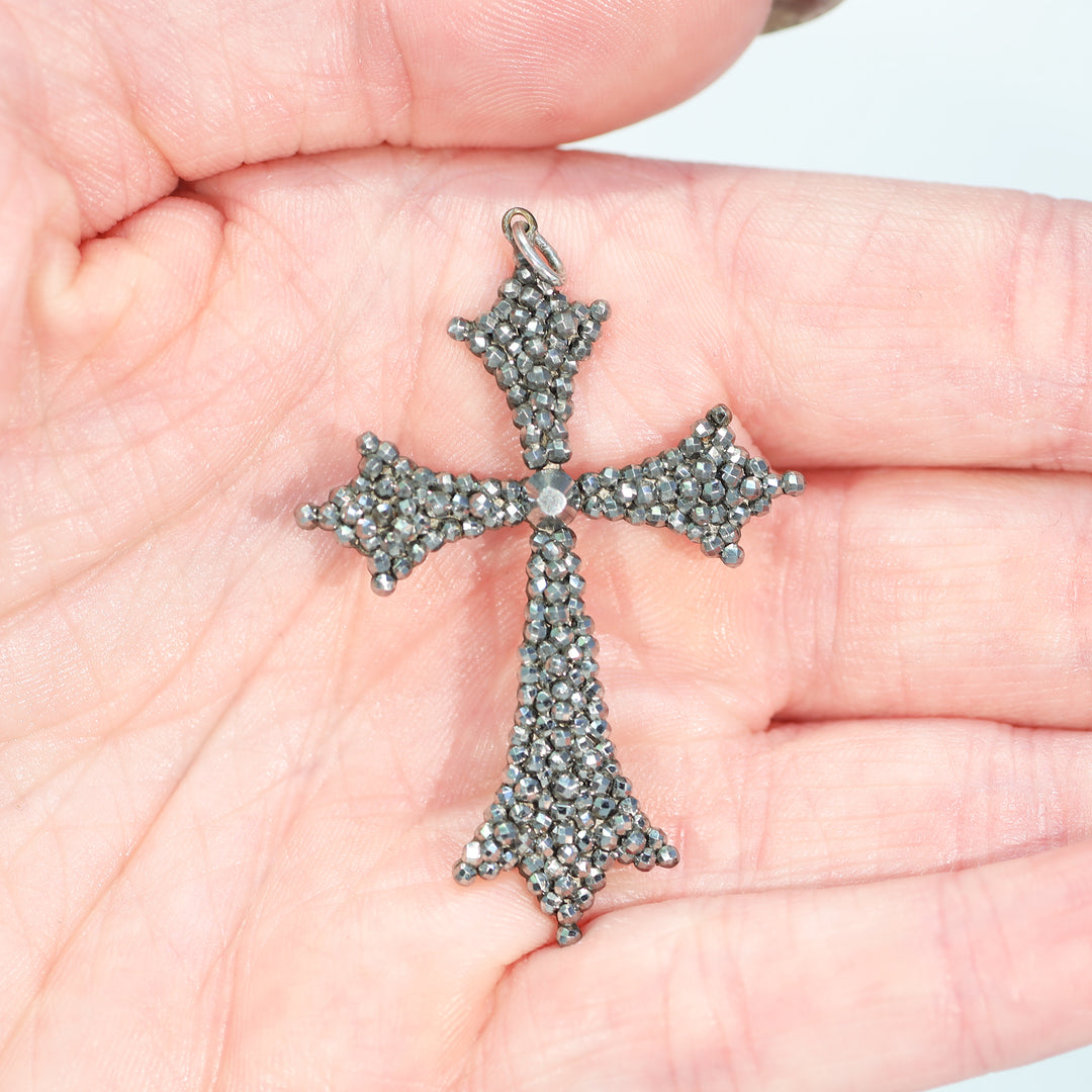 Antique Victorian Cut Steel Cross Pendant c. 1880