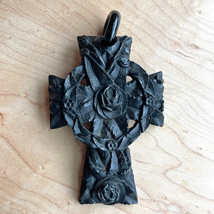 Victorian Large Carved Jet Cross with Wreath and Roses