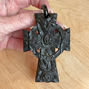 Victorian Large Carved Jet Cross with Wreath and Roses