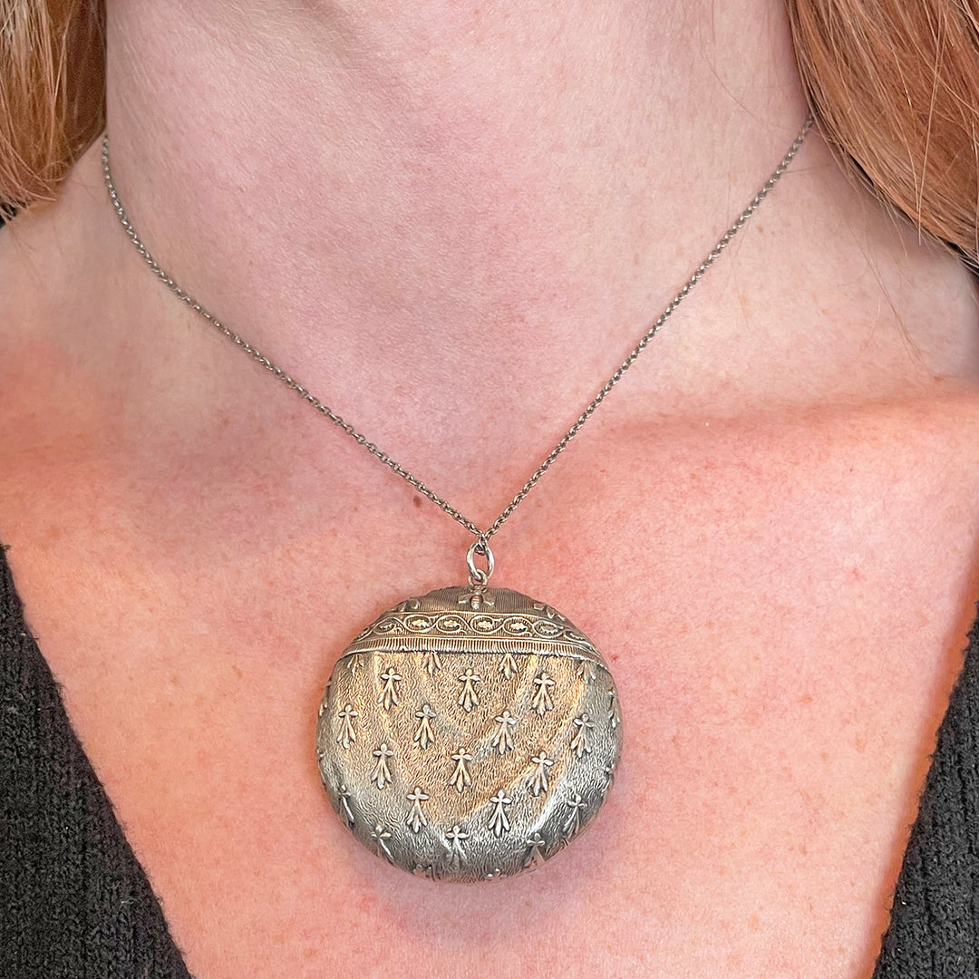 Antique French Repousse Silver Compact Pendant with Bees