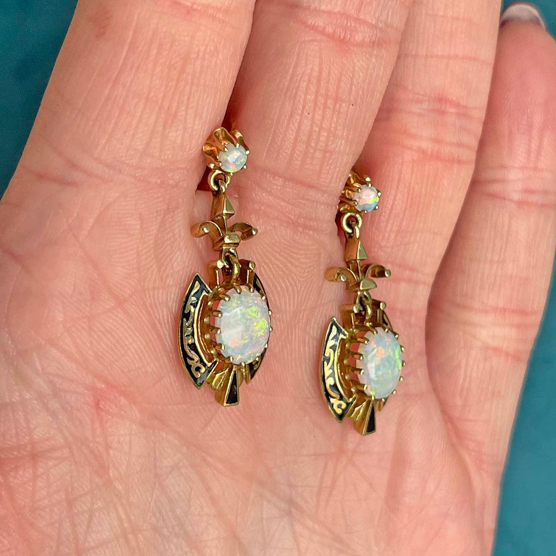 Victorian 14k Gold Opal Black Enamel Earrings