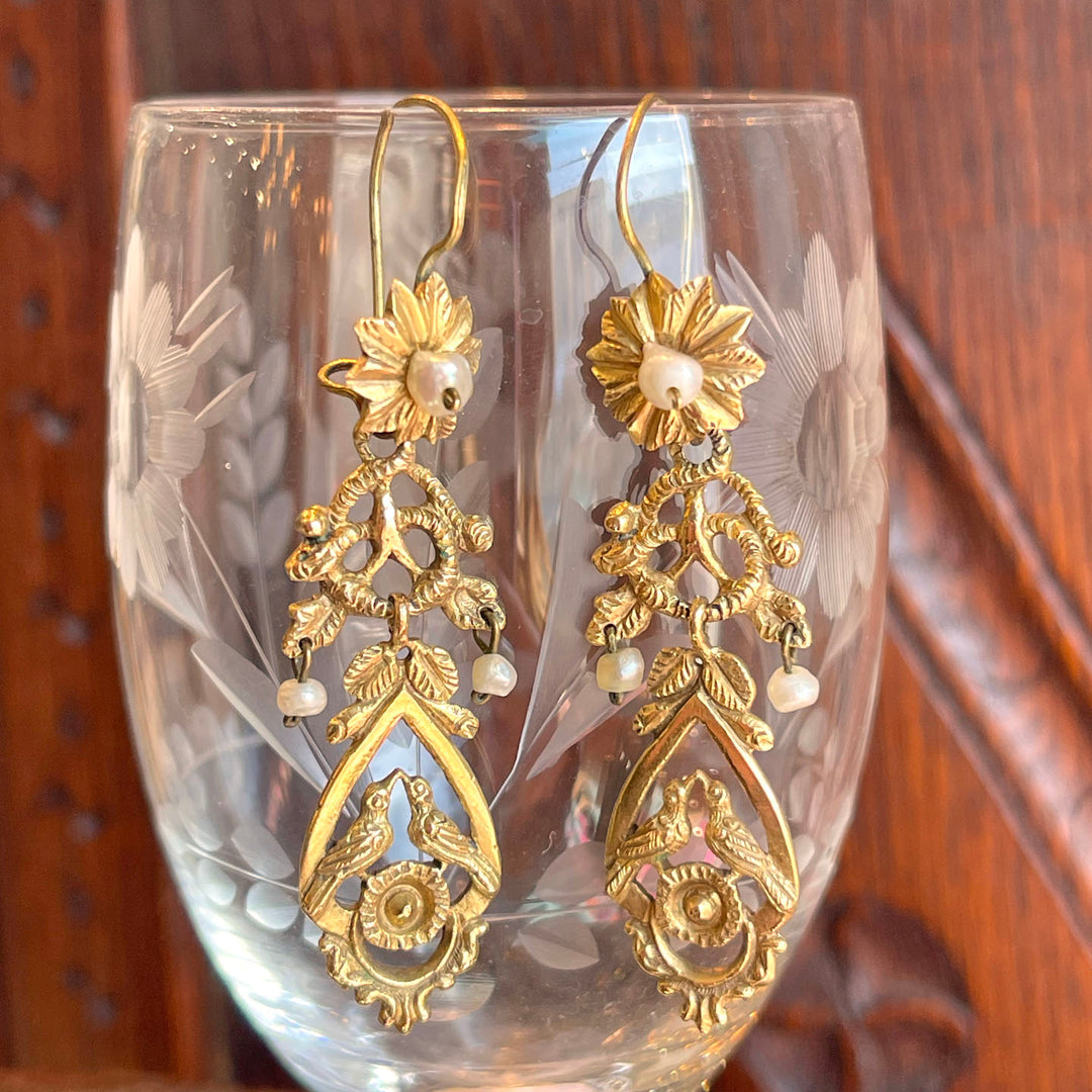 Antique Victorian Pearl Earrings 14k Gold Birds
