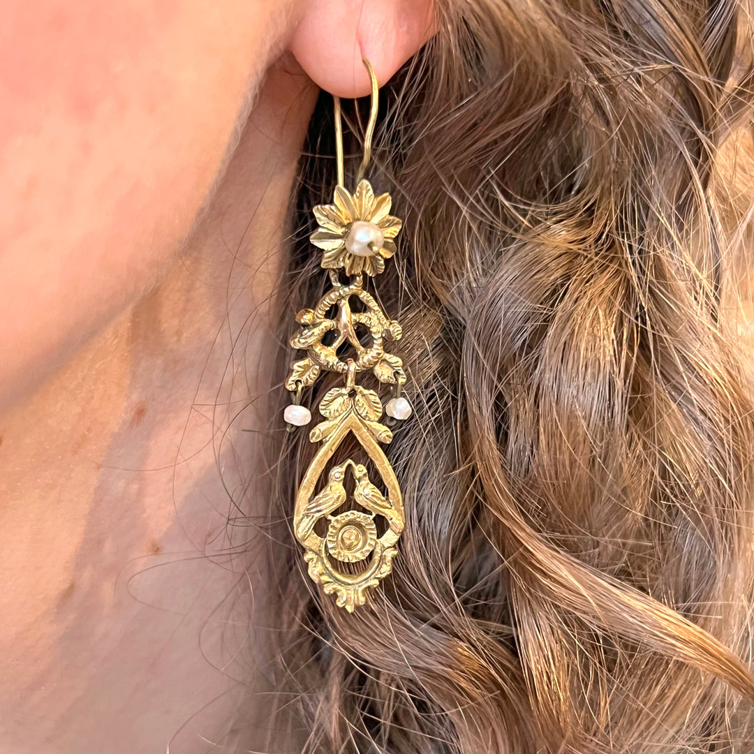 Antique Victorian Pearl Earrings 14k Gold Birds