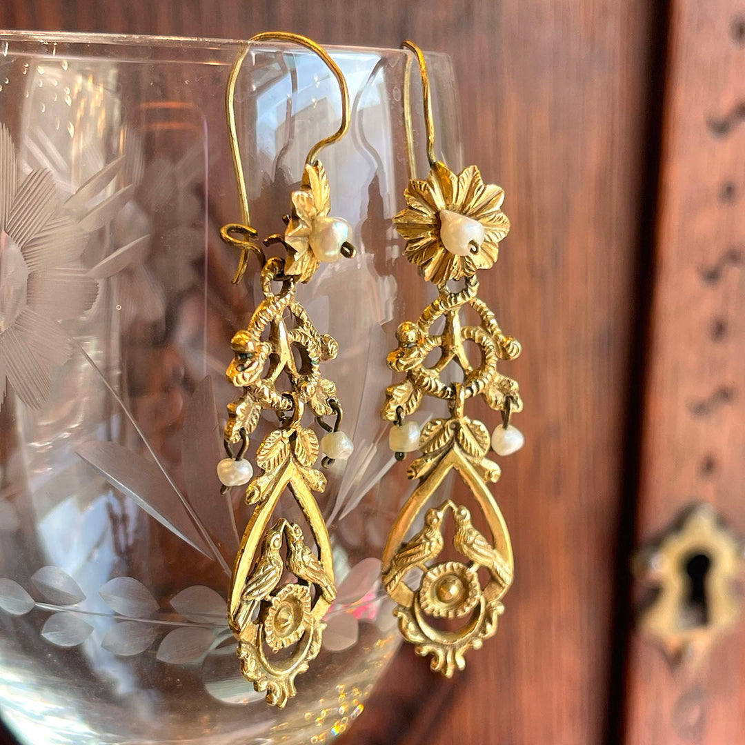Antique Victorian Pearl Earrings 14k Gold Birds