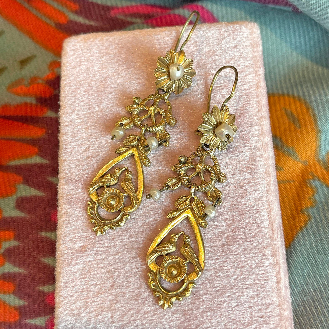 Antique Victorian Pearl Earrings 14k Gold Birds