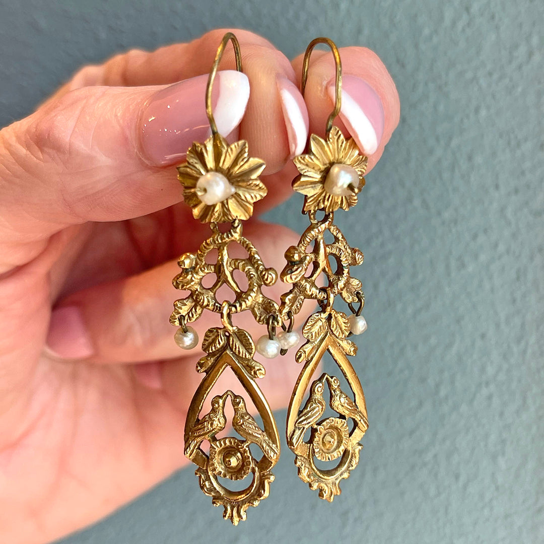 Antique Victorian Pearl Earrings 14k Gold Birds