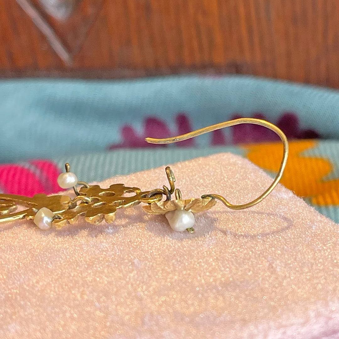 Antique Victorian Pearl Earrings 14k Gold Birds