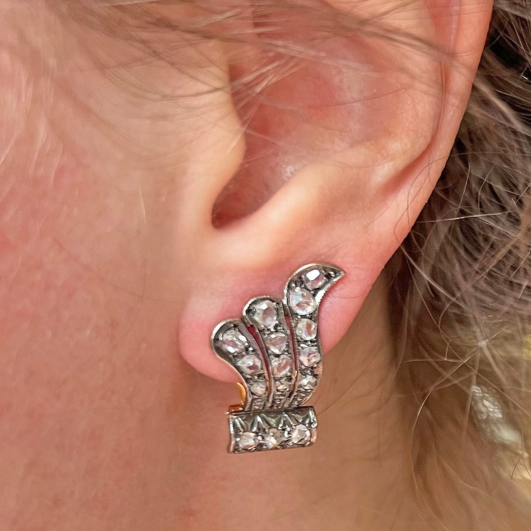 Antique Edwardian Diamond Wing Earrings 18k Gold Silver Set