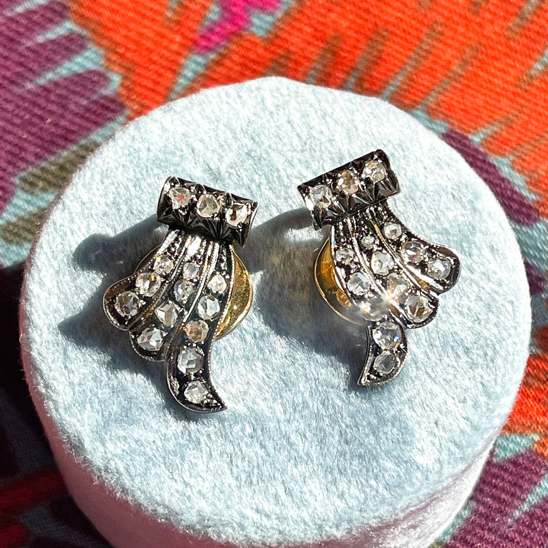 Antique Edwardian Diamond Wing Earrings 18k Gold Silver Set
