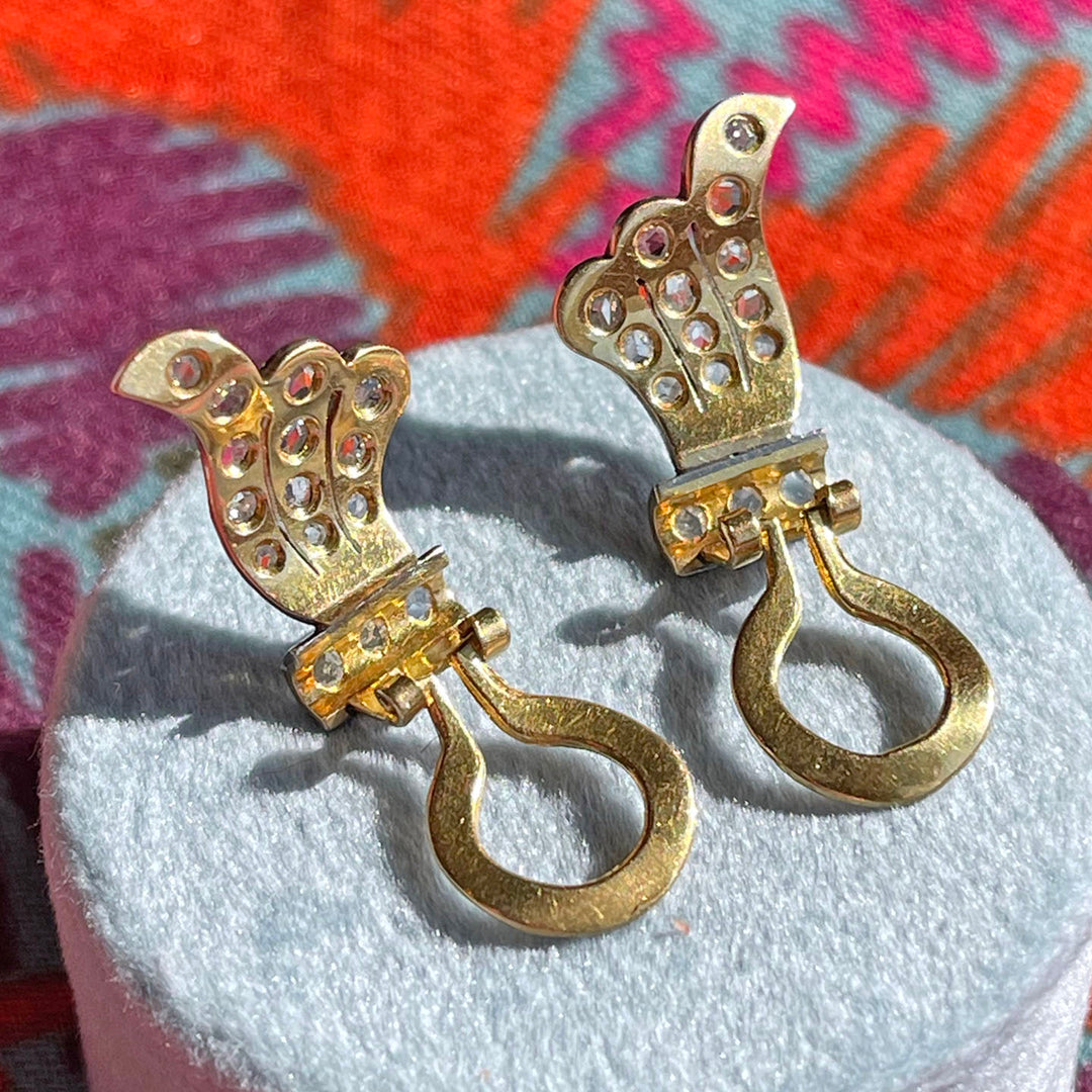 Antique Edwardian Diamond Wing Earrings 18k Gold Silver Set