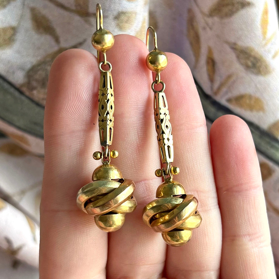 Antique Victorian Gold Long Knot Drop Earrings