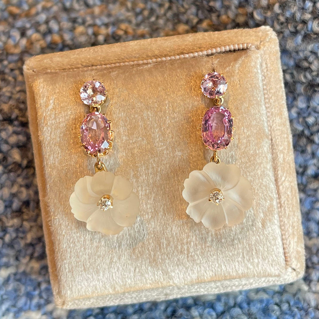 Antique Topaz Moonstone Diamond Earrings Floral Drop 18k Gold