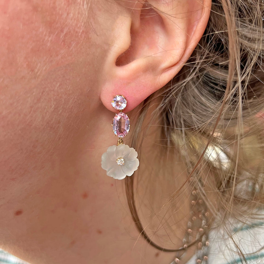 Antique Topaz Moonstone Diamond Earrings Floral Drop 18k Gold